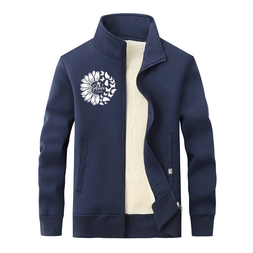 Flower Butterfly Believe Cross Stand Collar Zip Fleece Cardigan