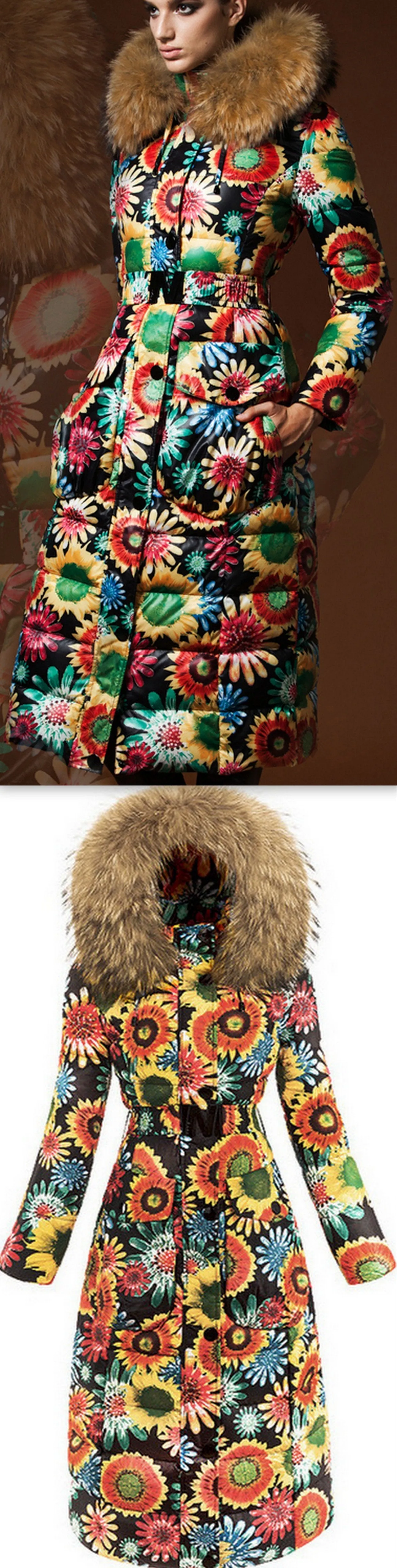 Flower Power Puffer Coat with Fur Hooded