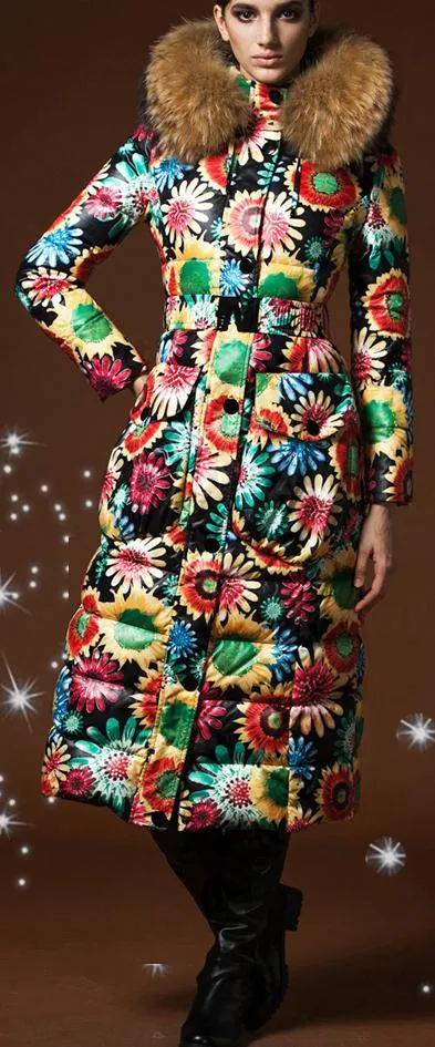 Flower Power Puffer Coat with Fur Hooded