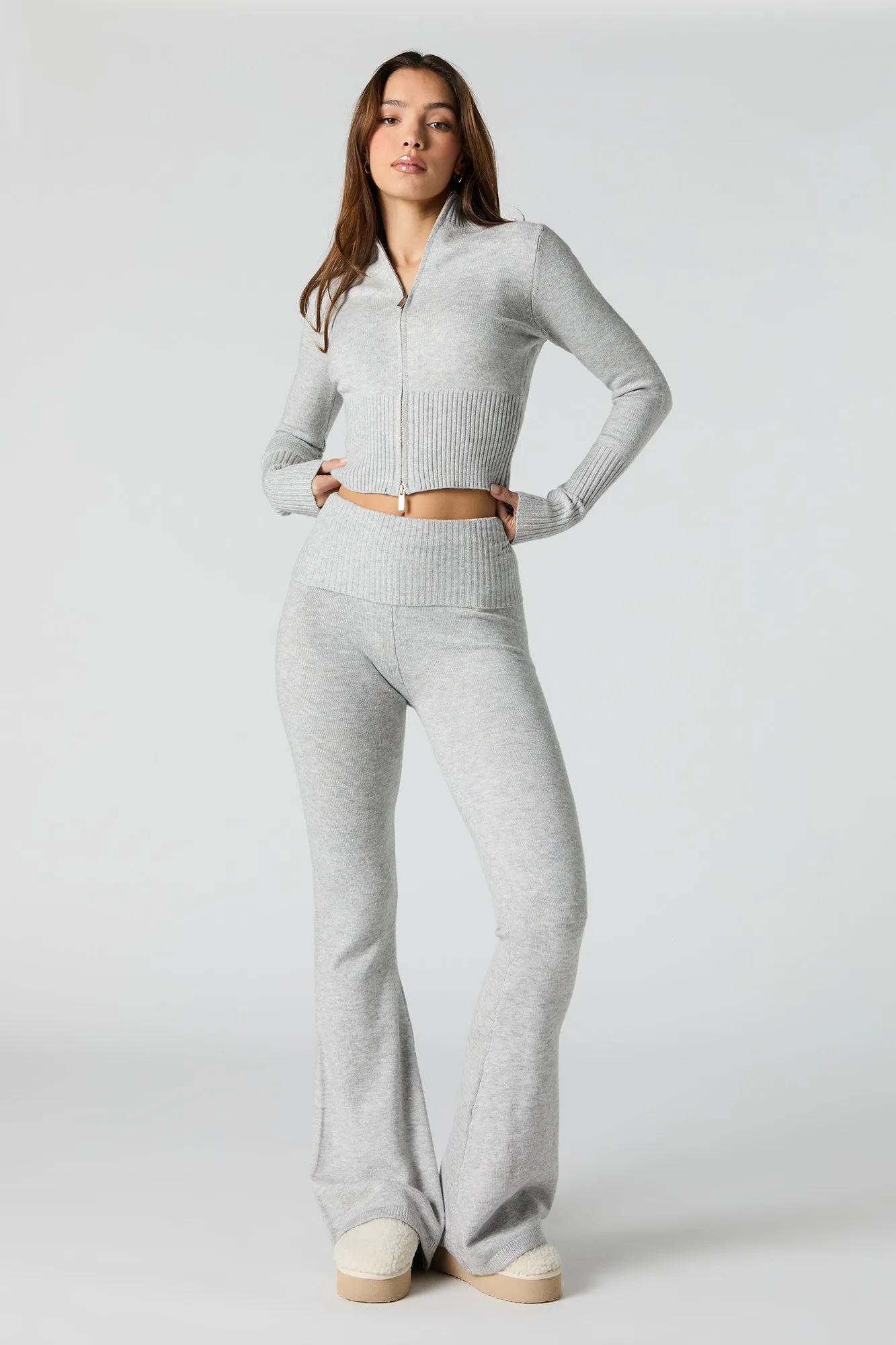 Foldover Waist Flare Knit Pant