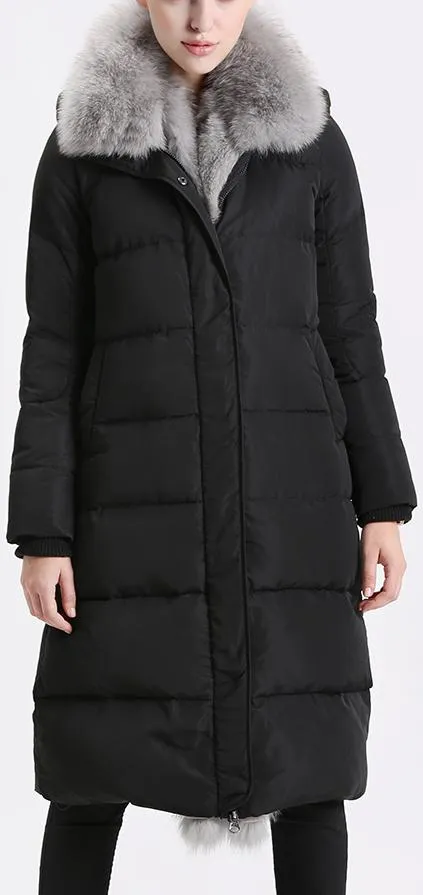 Fox Fur Trimmed Paneled Puffer Coat, Black