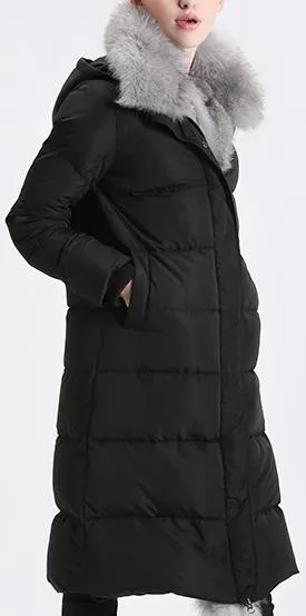 Fox Fur Trimmed Paneled Puffer Coat, Black