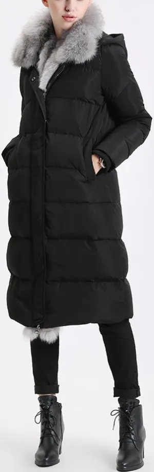 Fox Fur Trimmed Paneled Puffer Coat, Black