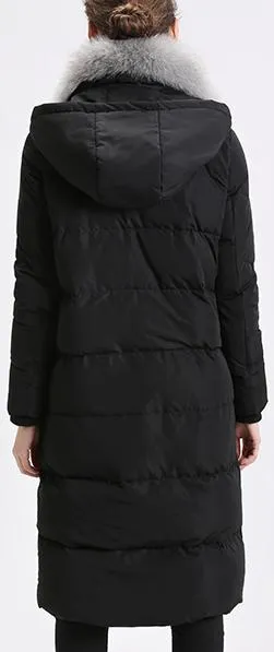 Fox Fur Trimmed Paneled Puffer Coat, Black