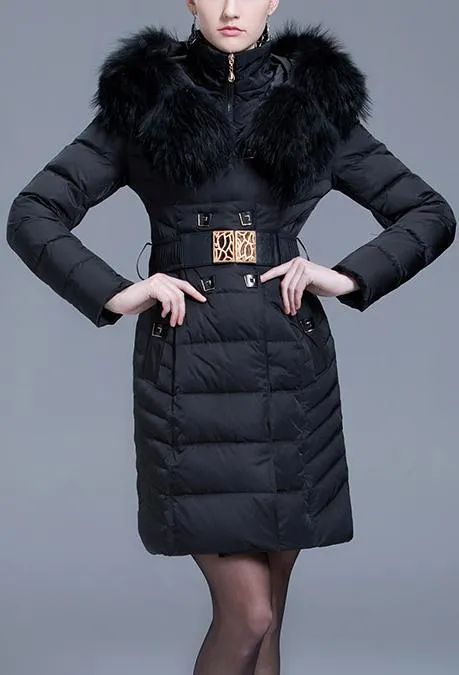 Fur Collar Belted Puffer Down Coat, Black