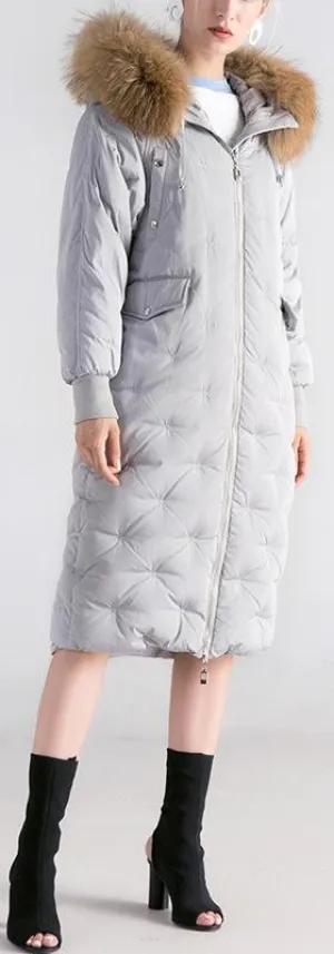 Fur-Hooded Embroidered Puffer Coat , Grey