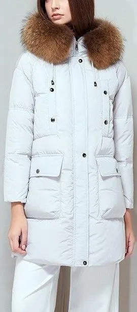 Fur-Hooded Puffer Parka Coat - Off-White, Blue, Green