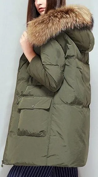 Fur-Hooded Puffer Parka Coat - Off-White, Blue, Green