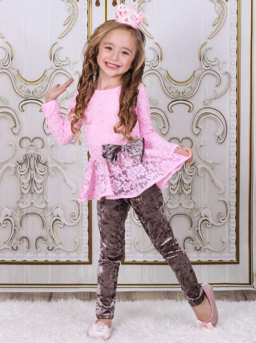 Girls Pink Lace Peplum Tunic And Velvet Legging Set