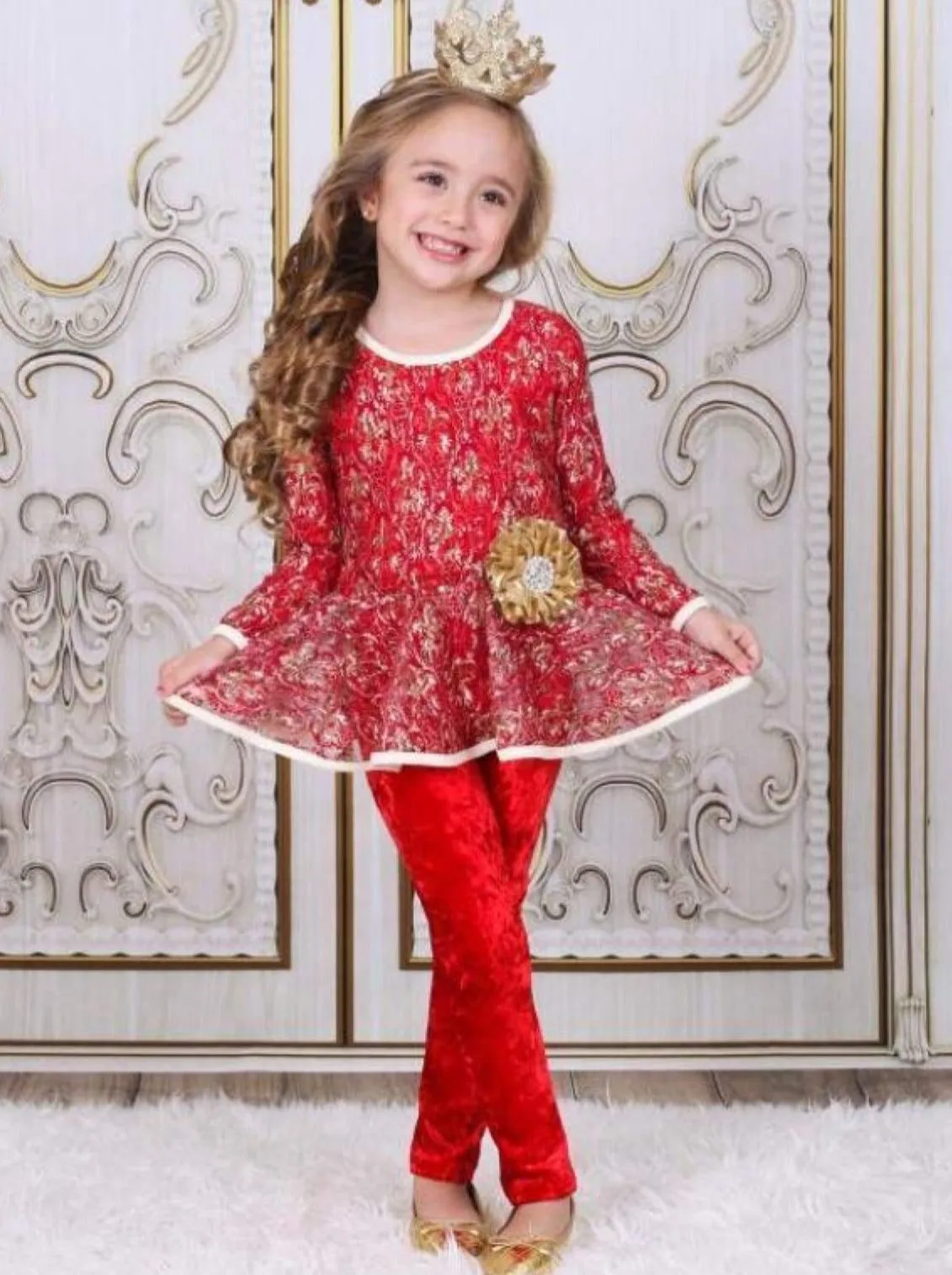 Girls Red And Gold Lace Peplum Tunic And Velvet Legging Set