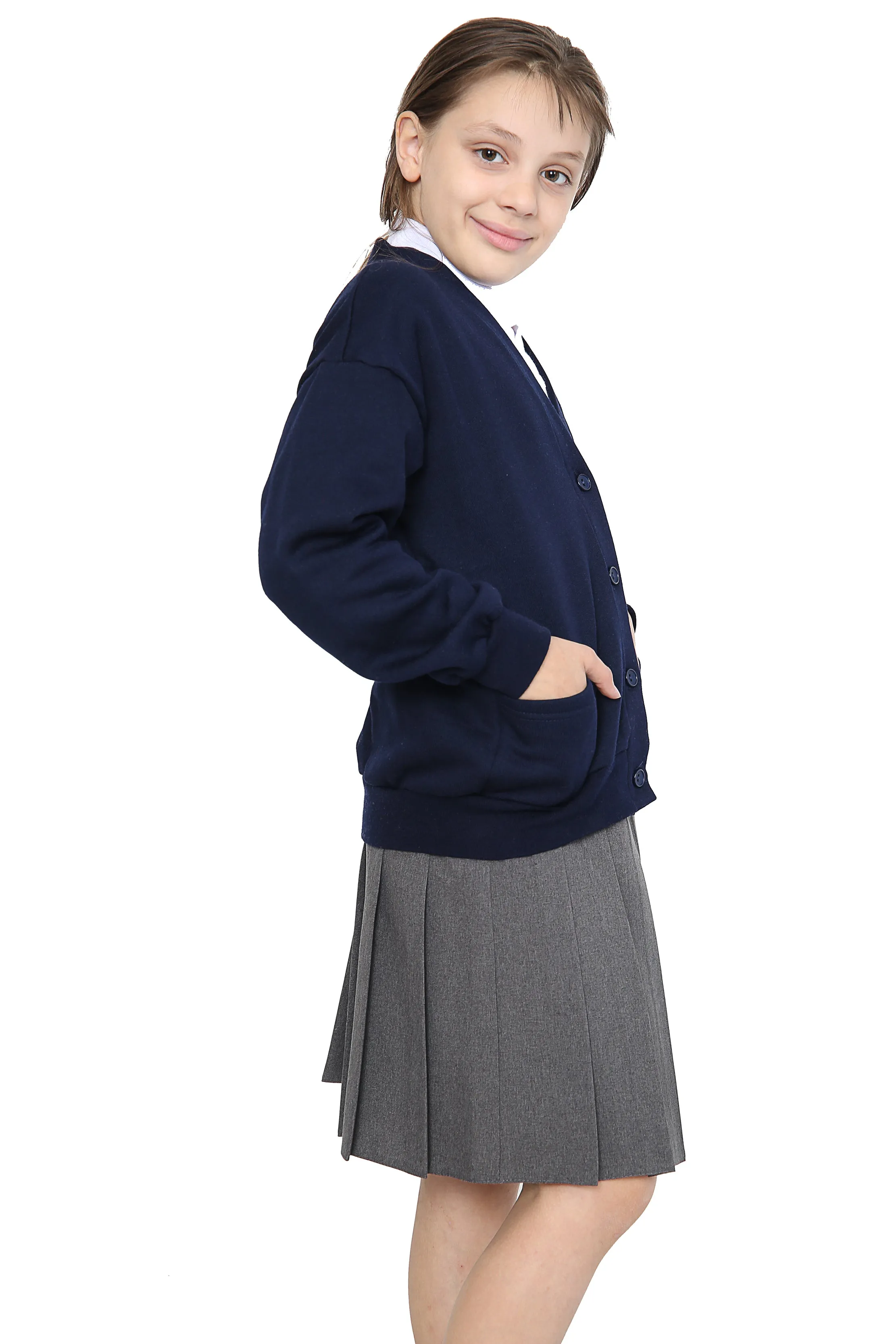 Girls School Uniform Navy Blue Fleece Sweat Cardigan With Front Buttons and Pockets