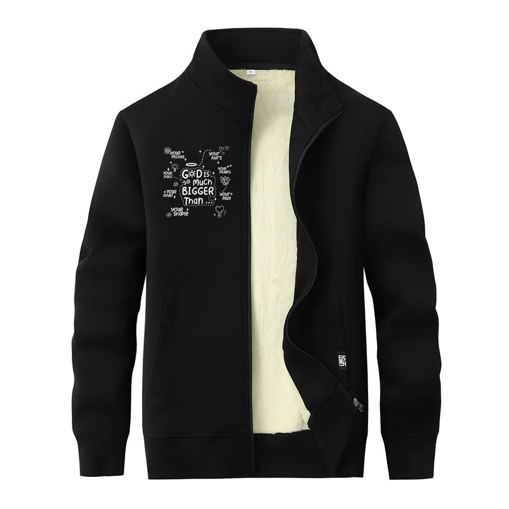 God Is Much Bigger Than Stand Collar Zip Fleece Cardigan