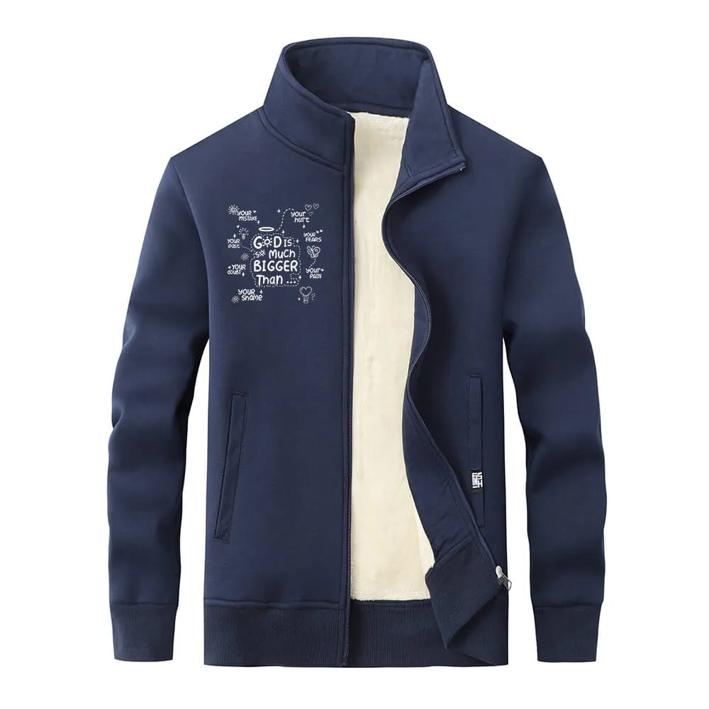 God Is Much Bigger Than Stand Collar Zip Fleece Cardigan