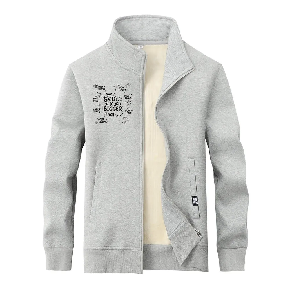 God Is Much Bigger Than Stand Collar Zip Fleece Cardigan