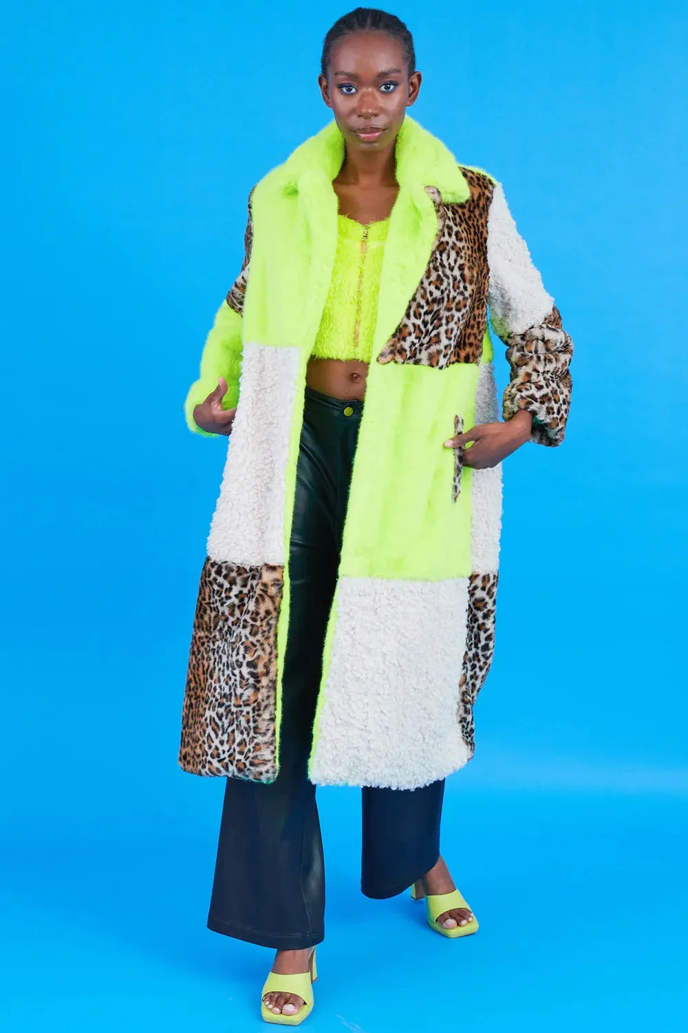 Green Faux Fur and Faux Shearling Maxi Coat