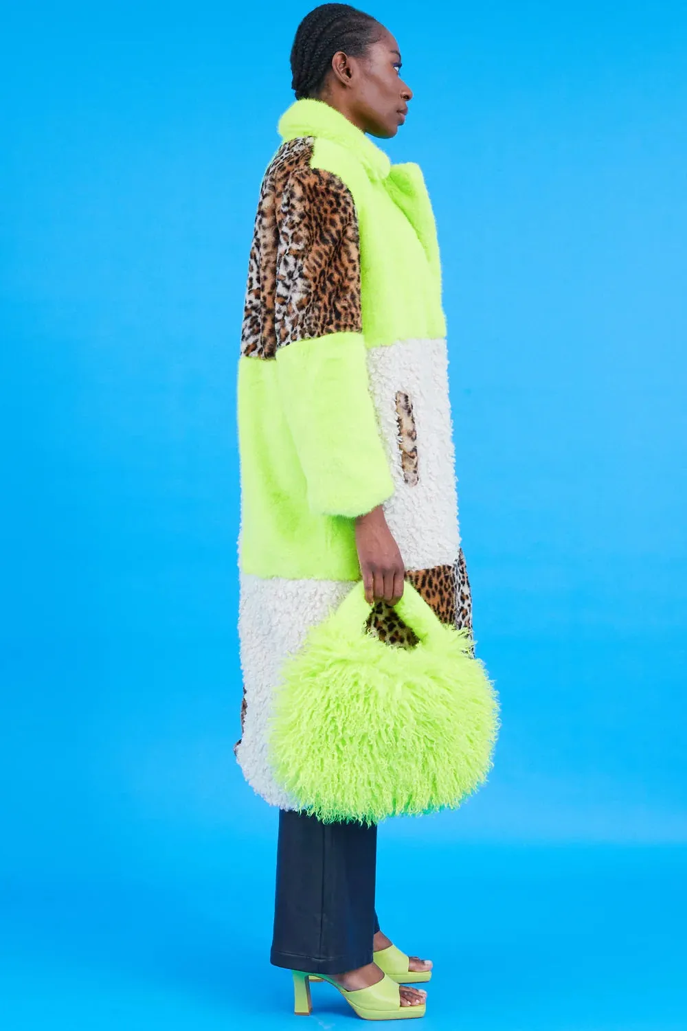 Green Faux Fur and Faux Shearling Maxi Coat