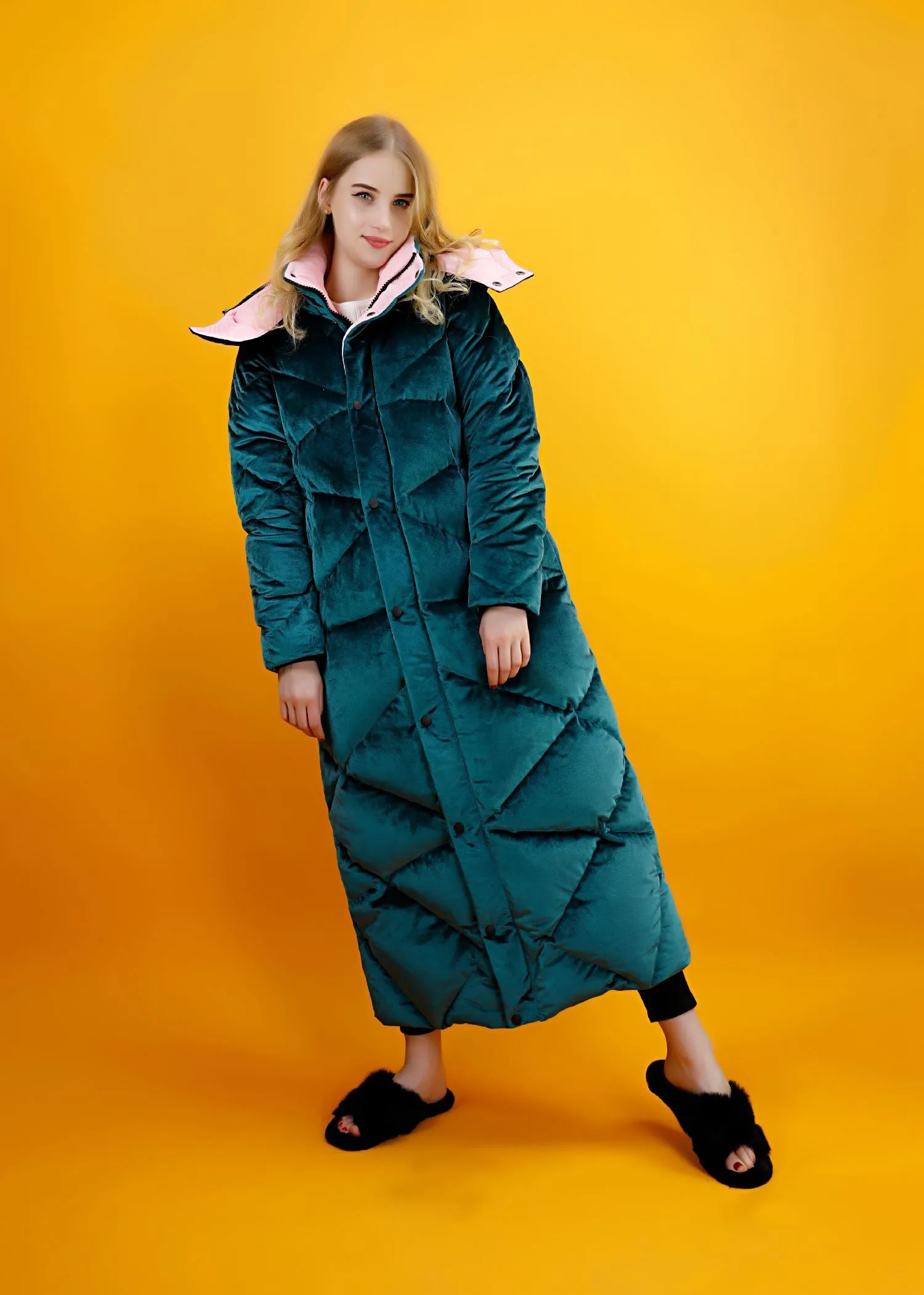 Green Velvet Hooded Goose Down Puffer Maxi Coat