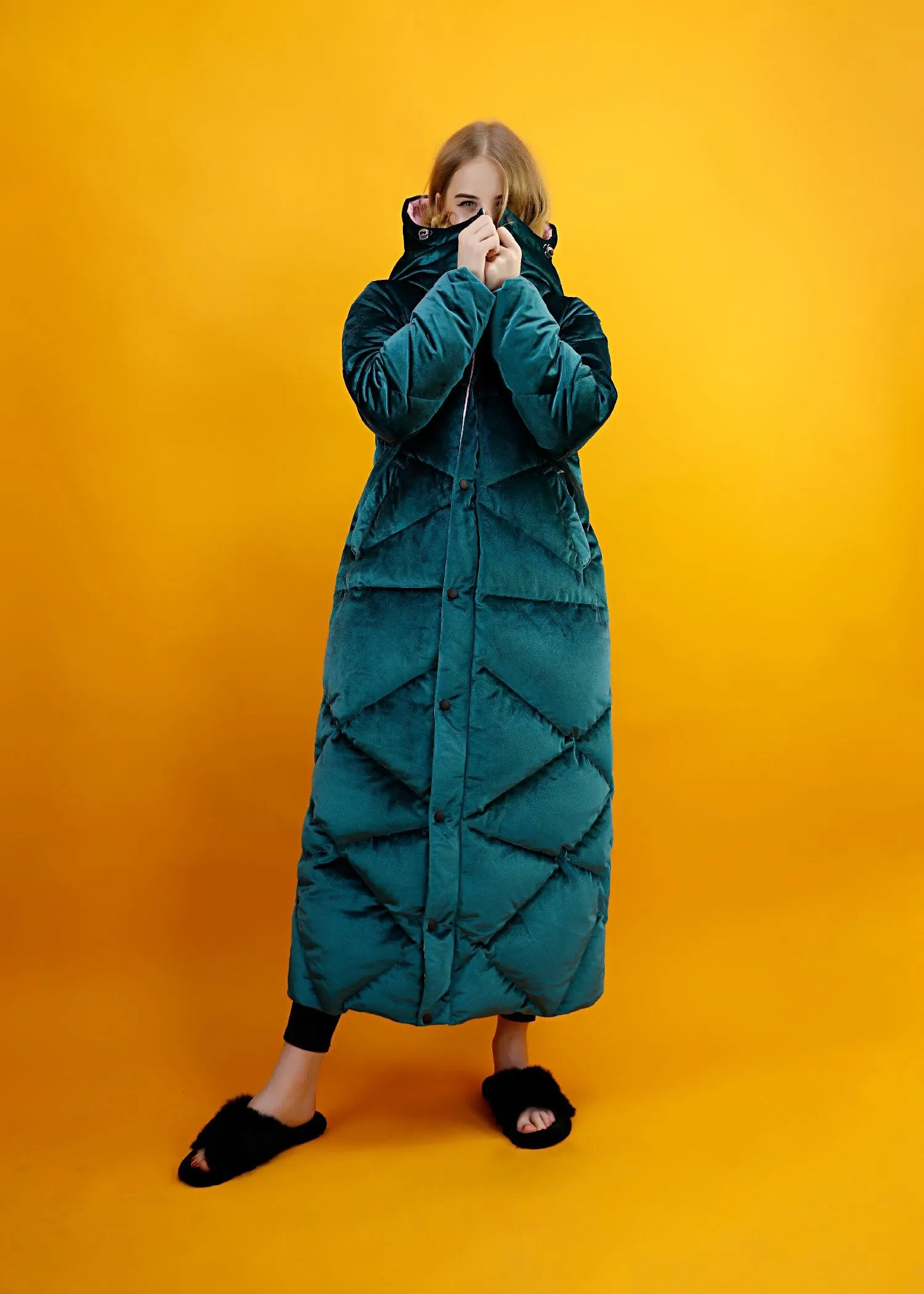 Green Velvet Hooded Goose Down Puffer Maxi Coat