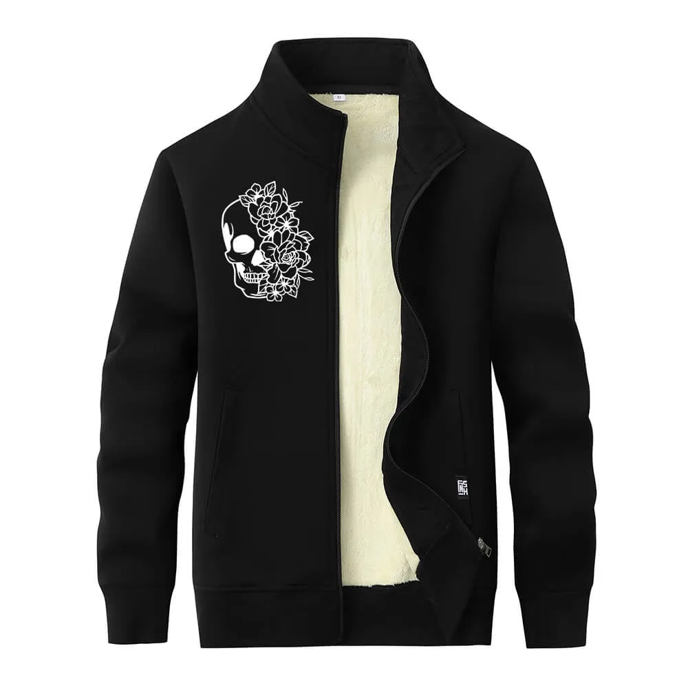 Half Face Skeleton Flower Stand Collar Zip Fleece Cardigan