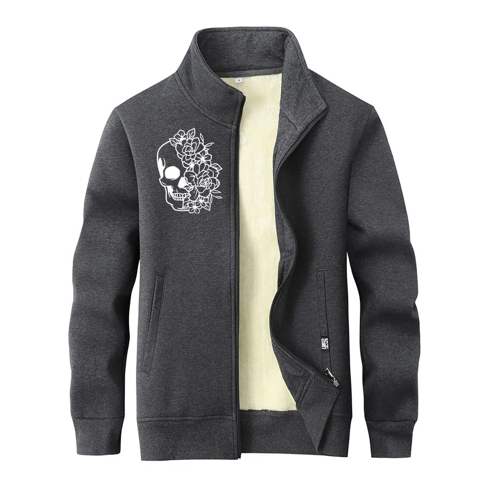 Half Face Skeleton Flower Stand Collar Zip Fleece Cardigan