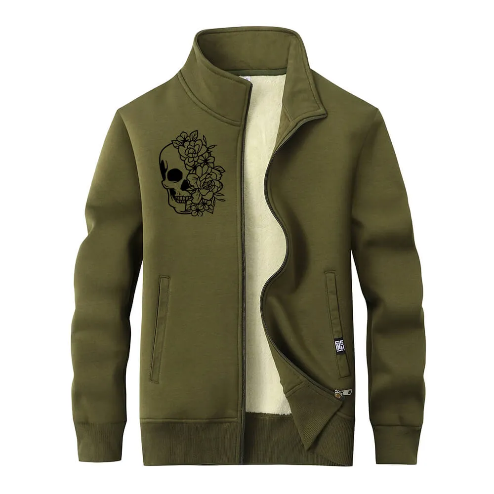 Half Face Skeleton Flower Stand Collar Zip Fleece Cardigan