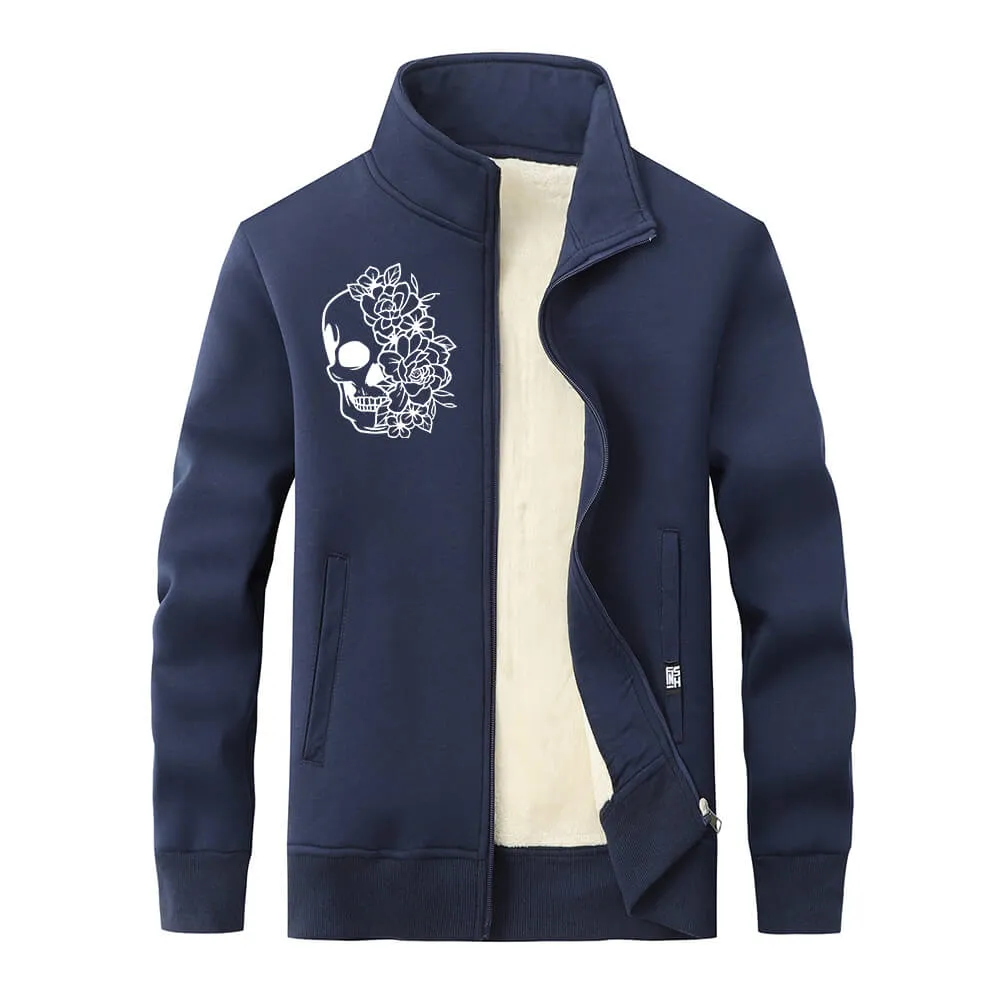 Half Face Skeleton Flower Stand Collar Zip Fleece Cardigan