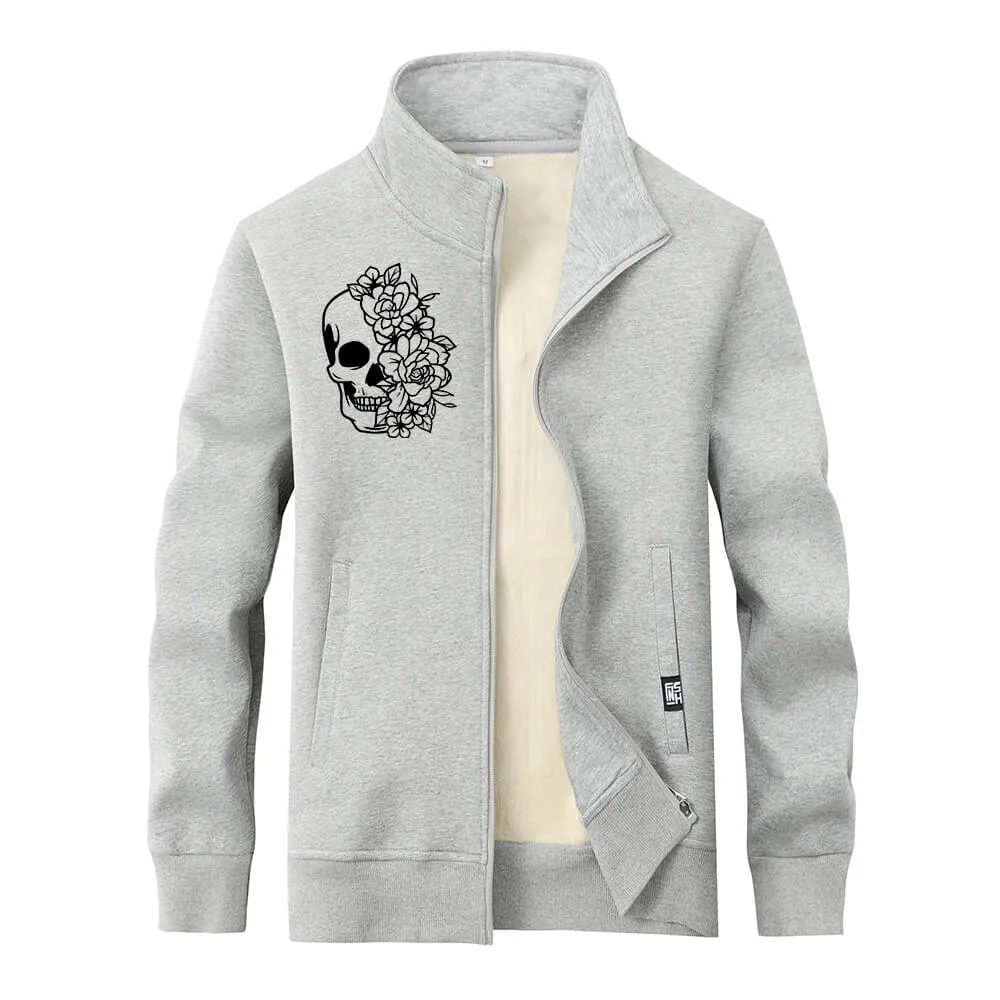 Half Face Skeleton Flower Stand Collar Zip Fleece Cardigan