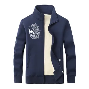 Half Face Skeleton Flower Stand Collar Zip Fleece Cardigan