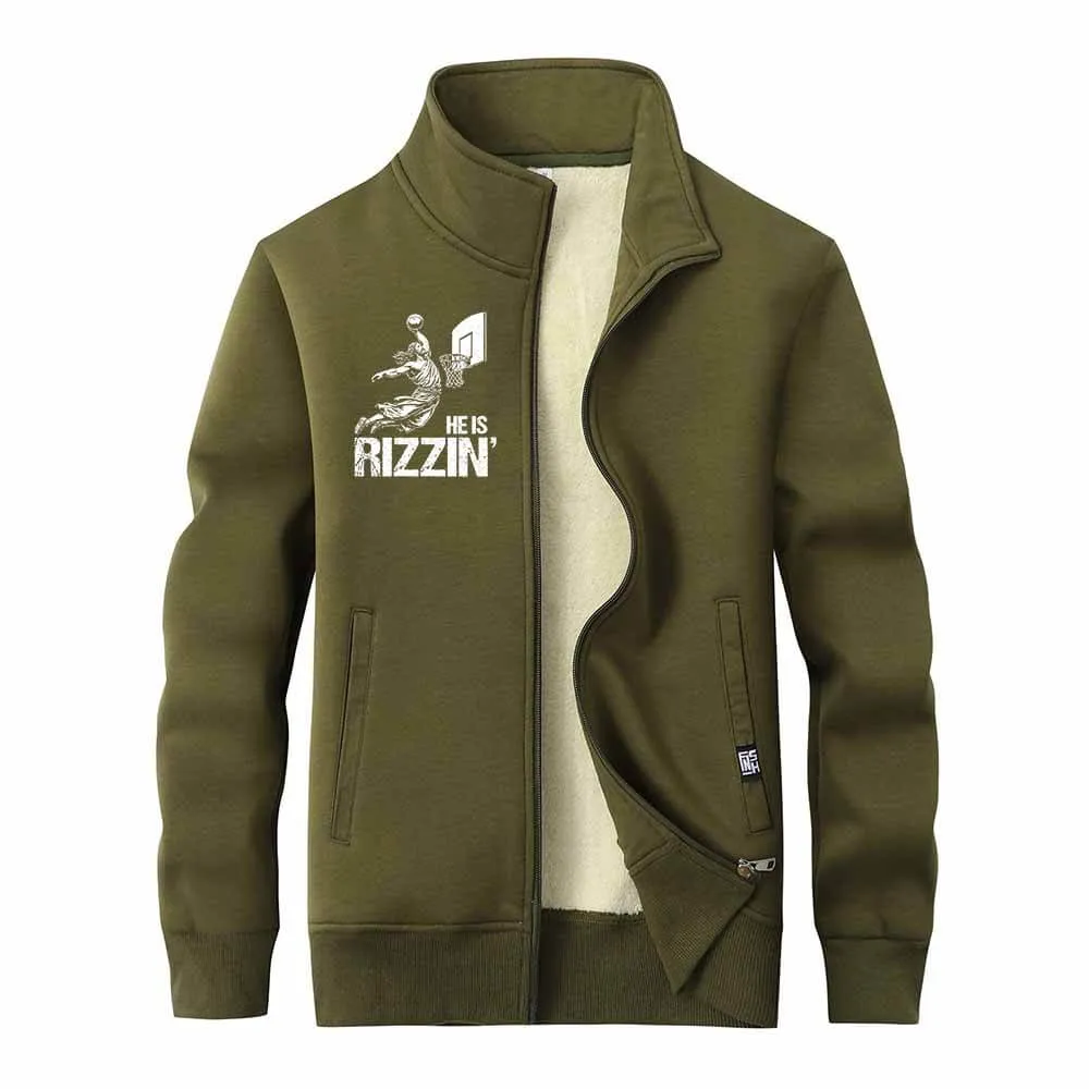 He Is Rizzin Jesus Playing Basketball Stand Collar Zip Fleece Cardigan