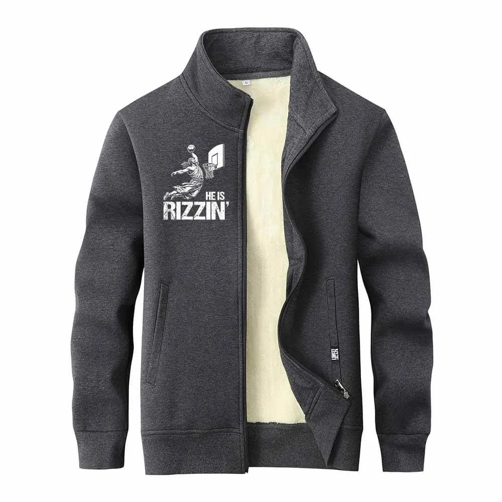 He Is Rizzin Jesus Playing Basketball Stand Collar Zip Fleece Cardigan