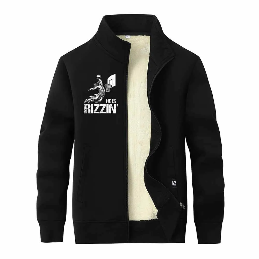 He Is Rizzin Jesus Playing Basketball Stand Collar Zip Fleece Cardigan