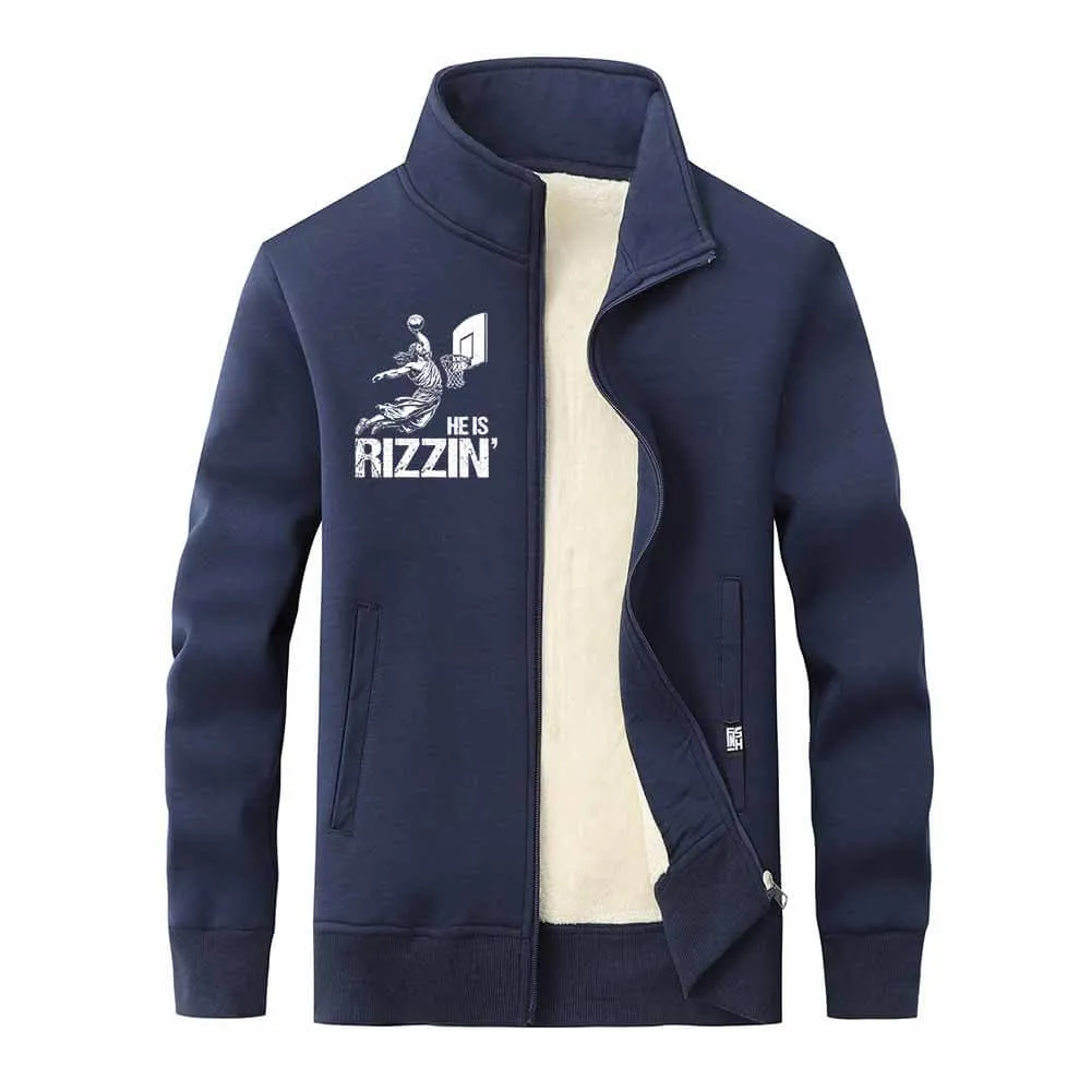 He Is Rizzin Jesus Playing Basketball Stand Collar Zip Fleece Cardigan