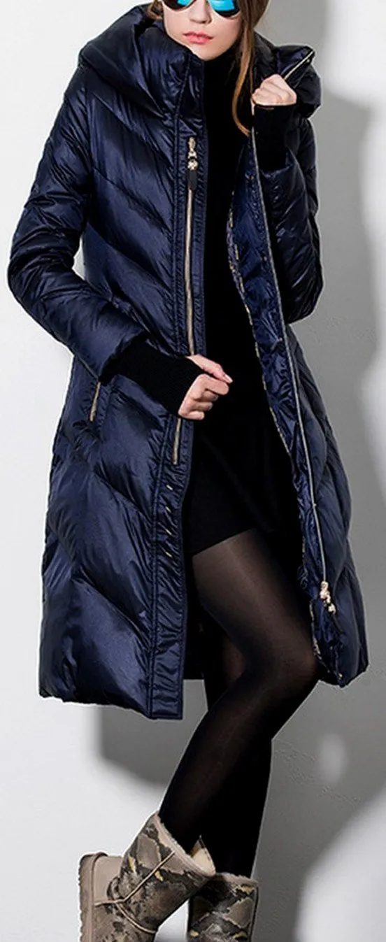 Hooded Paneled Puffer Coat in Blue