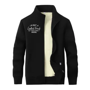 I’m Not A Control Freak Stand Collar Zip Fleece Sherpa Cardigan