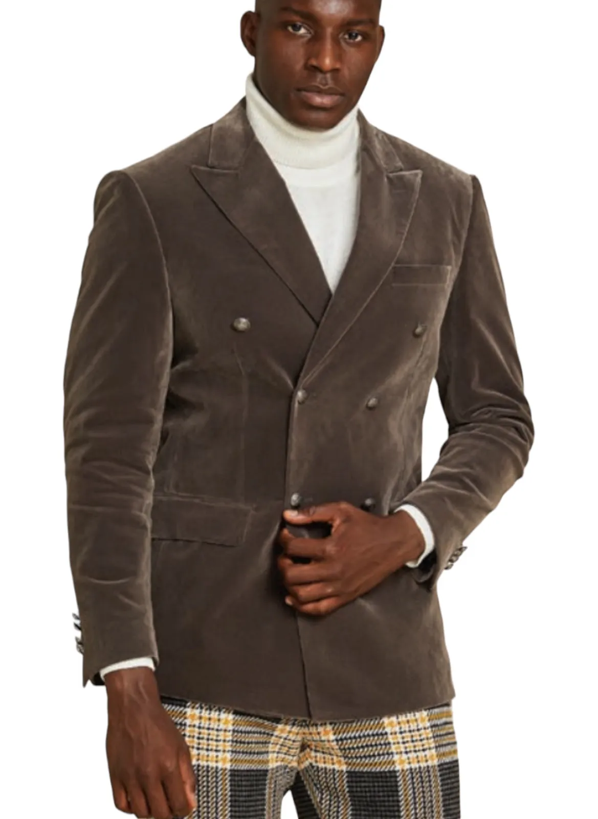 Inserch Gray Men's Double Breasted Velvet Blazer Silver Buttons