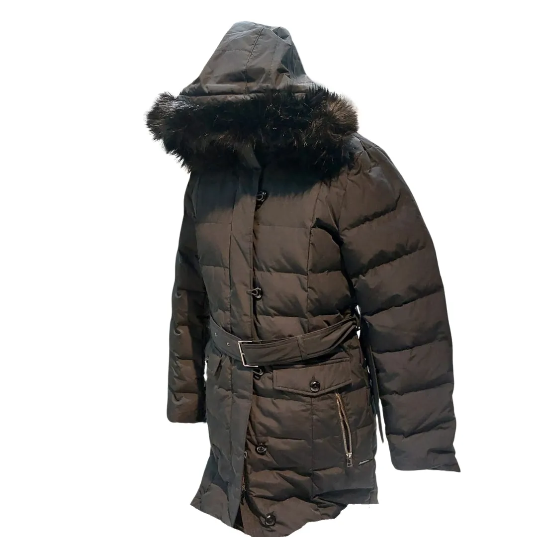 Land End Faux Fur Hood Belted Down Puffer Winter Coat