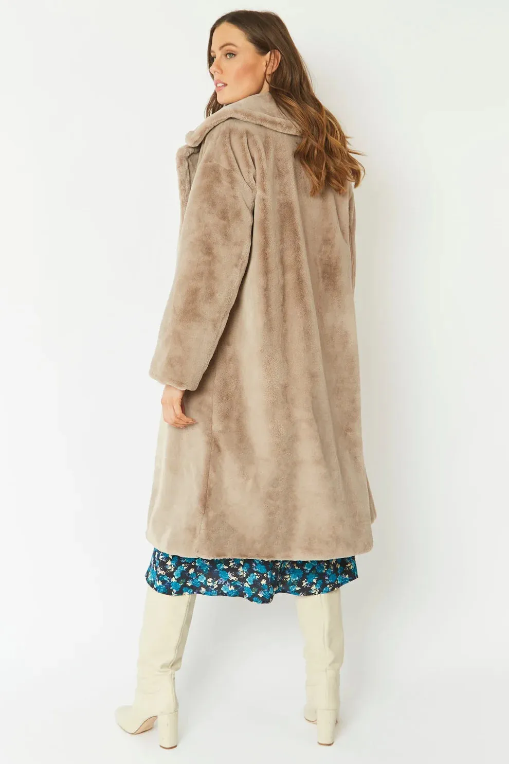 Light Mocha Faux Fur Midi Shaved Shearling Coat