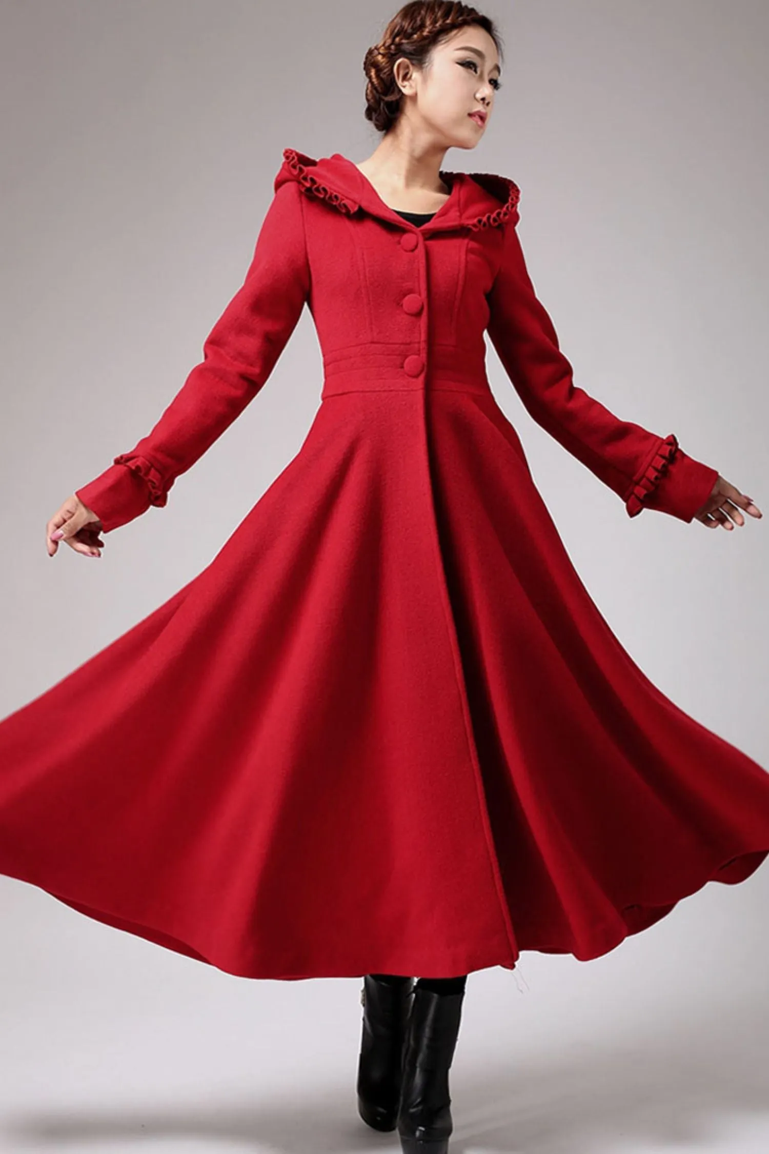 long red wool dress coat with ruffle details 702