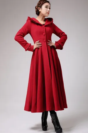 long red wool dress coat with ruffle details 702