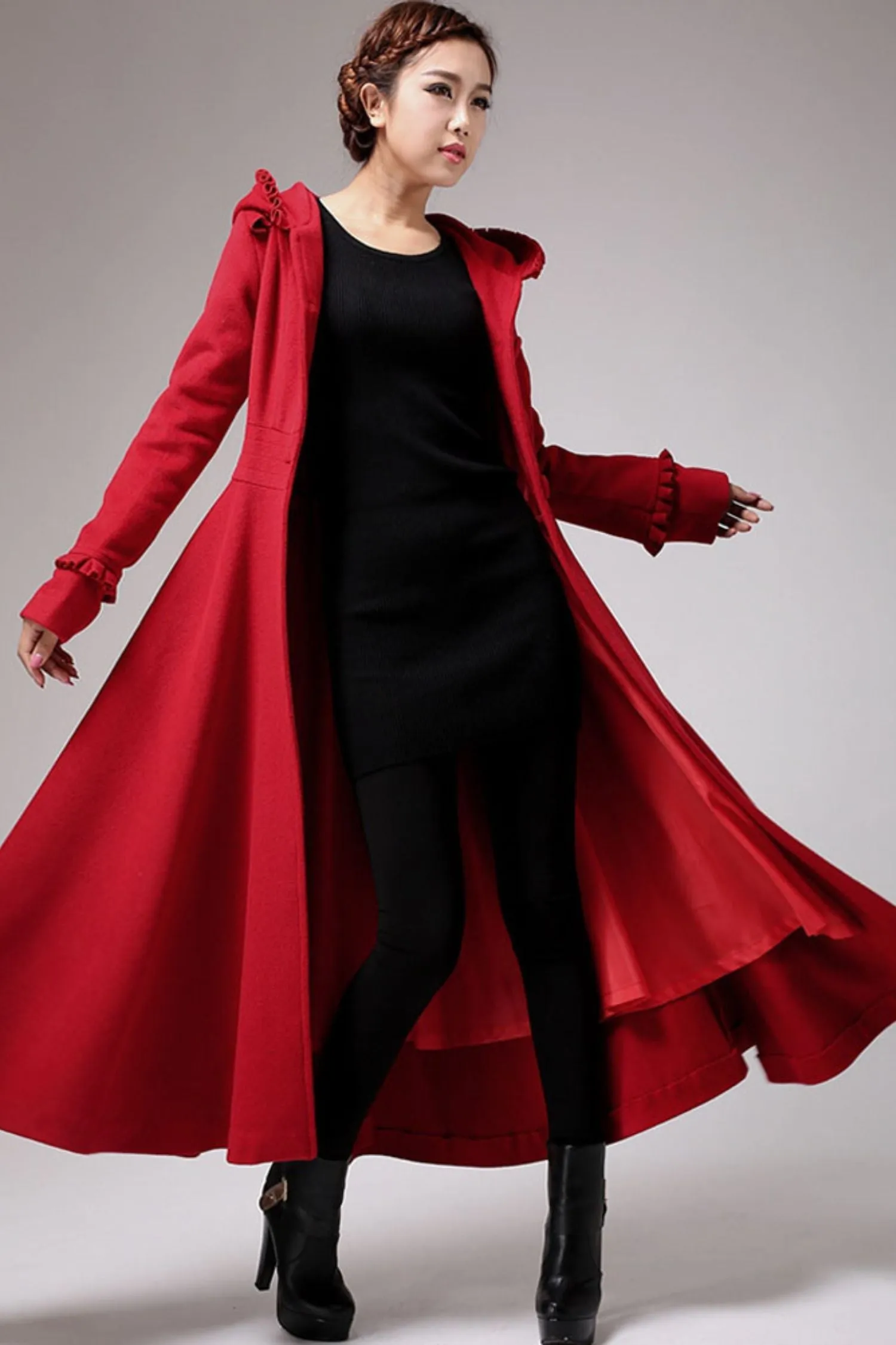 long red wool dress coat with ruffle details 702