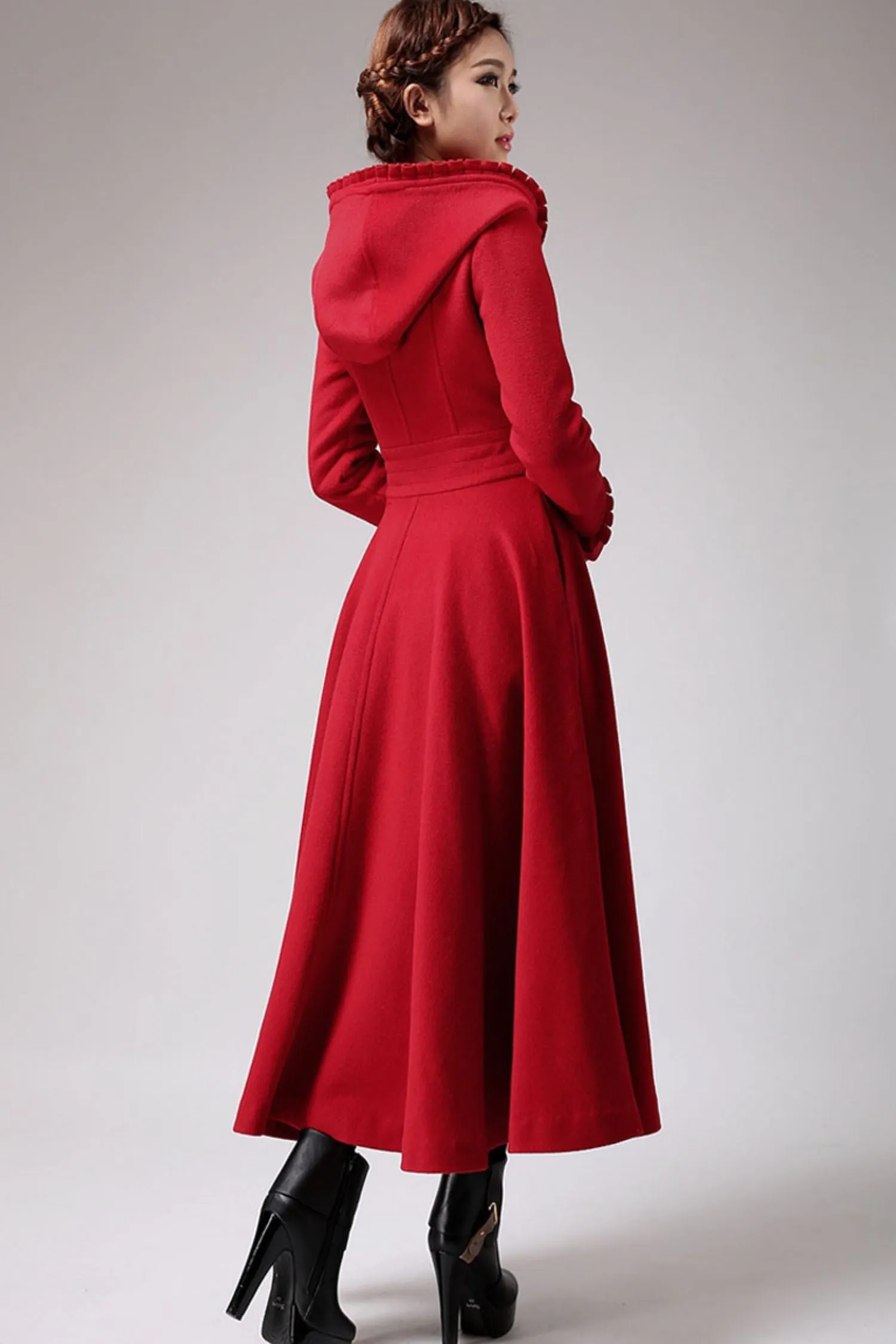 long red wool dress coat with ruffle details 702