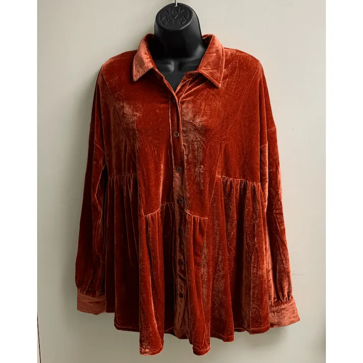 Long sleeve Antique Rust Velvet button down tunic top by Easel