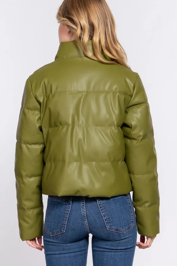 Long Sleeve High Neck Quilted Pu Puffer Jacket Olv-Olive Green