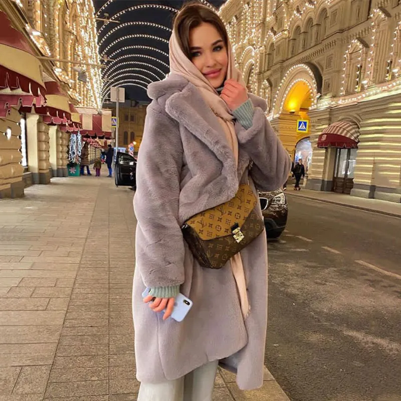 Luxury long rabbit faux fur coat with belt