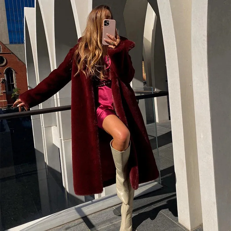 Luxury long rabbit faux fur coat with belt