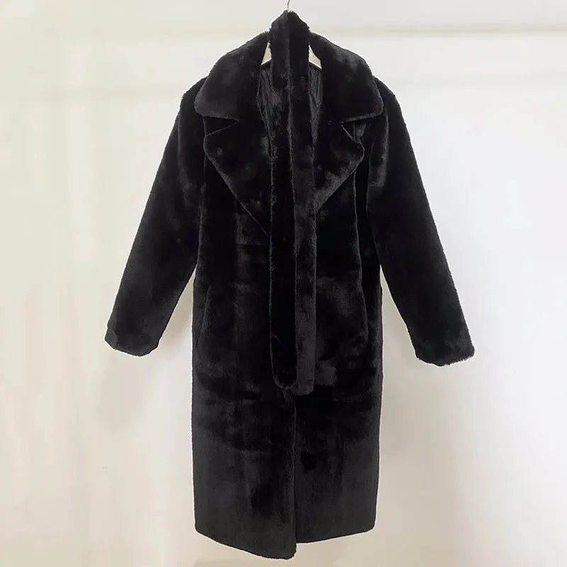 Luxury long rabbit faux fur coat with belt