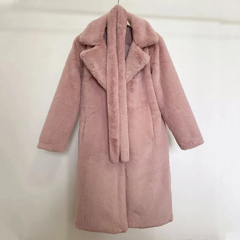 Luxury long rabbit faux fur coat with belt