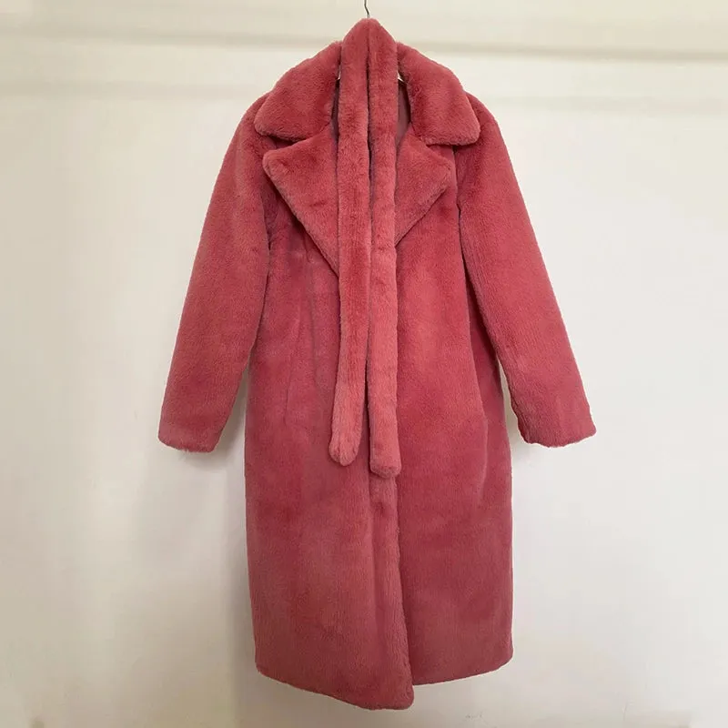 Luxury long rabbit faux fur coat with belt