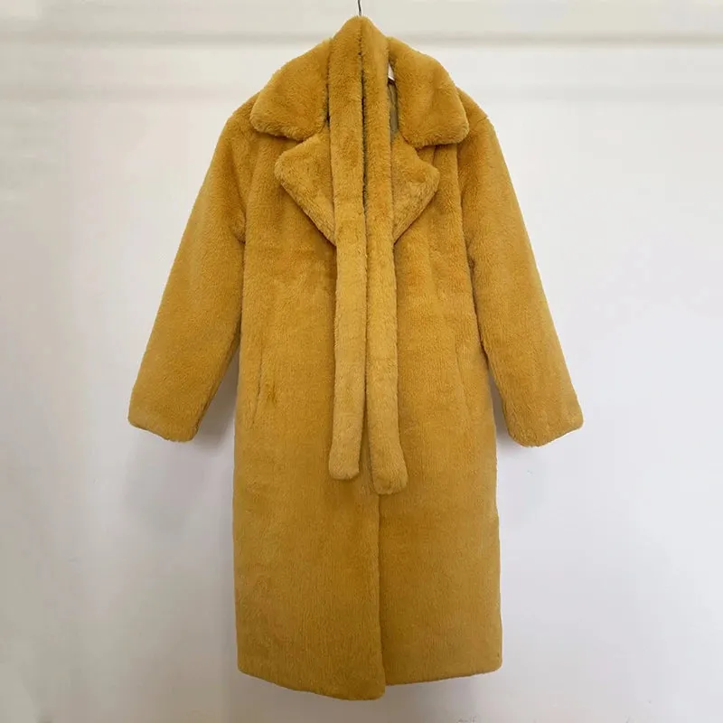 Luxury long rabbit faux fur coat with belt