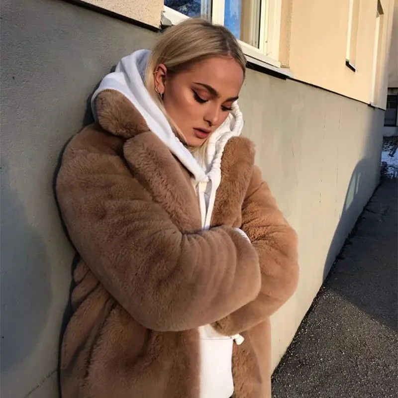 Luxury long rabbit faux fur coat with belt